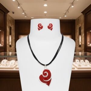 Womens Red Sliver Heart Pendant Necklace Earring Set